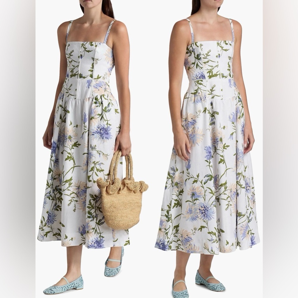 New Reformation Katarin Floral Linen A-Line Serenity Print Midi-Dress sz 12 - Picture 2 of 9